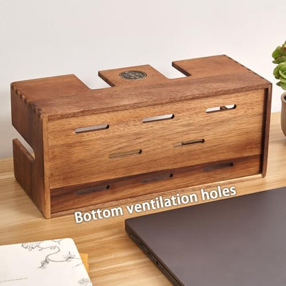 Acacia Wood Cable Management Box - Wooden Cord Hider & Organizer for Desk & Floor, Power Strip & TV Wire Concealer, Under Desk Storage for Office, Home Electrical Cables