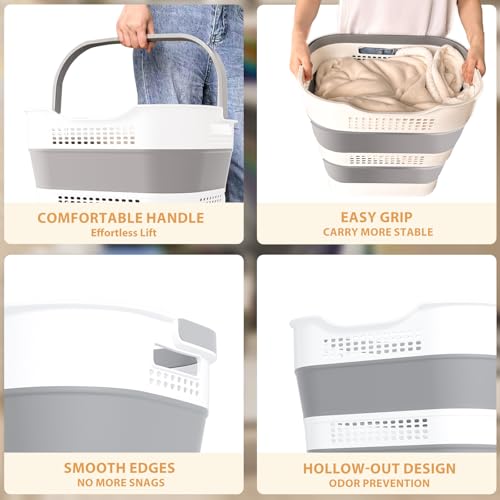 43L(11.5Gallon) Collapsible Plastic Laundry Basket (Grey,1 Pack) | Foldable Laundry Basket with Handle,Pop Up Tall Storage Container/Organizer/Clothes Hamper for Laundry