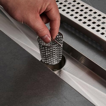 Linear Shower Floor Drain, Brushed Nickel 24 Inch 304 Stainless Steel Bathroom Drains Kit, Long Rectangular Shower Trench Drain with Square Pattern Drain Cover & Hair Catcher