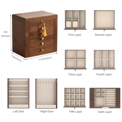 Black Walnut Wooden Jewelry Box for Women, 6 Layer | Locking Large Wood Jewelry Organizer with 2 Side Doors & Mirror, For Watch Necklace Ring Earring, Velvet-Lined, Gift