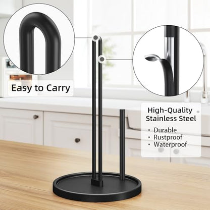 Paper Towel Holder Countertop for Kitchen, Freestanding, Matte Black | Kitchen Roll Holder with Weighted Base, Stainless Steel Papertowel Holder for Tabletop, Fits Most Sizes of Paper Rolls