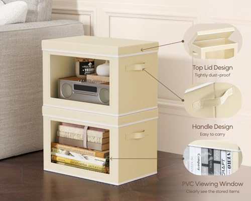 Collapsible & Stackable Fabric Storage Bins with Front Window, 6 Pack for Closet, Bedroom, Nursery, Home & Office, Beige, 14.9 x 9.8 x 9.8 Inches