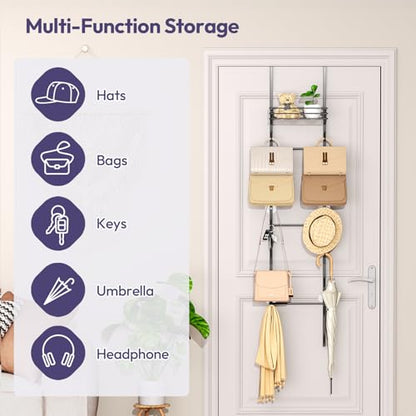 Over the Door Purse Organizer - Wall Mounted Handbag Organizer with 16 Hooks and Metal Basket, Hanging Purse Storage Rack Holds up to 16 Bags, Bag Rack Can Use As 1/2 Part, for Door, Closet