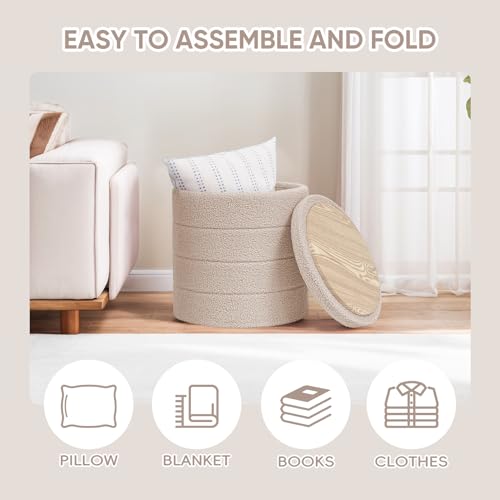 Round Storage Ottoman Foot Rest Stool with Tray Velvet Sherpa Folding Storage Ottoman,Boucle Foot Rest for Living Room, Bedroom, Dorm,Beige Color