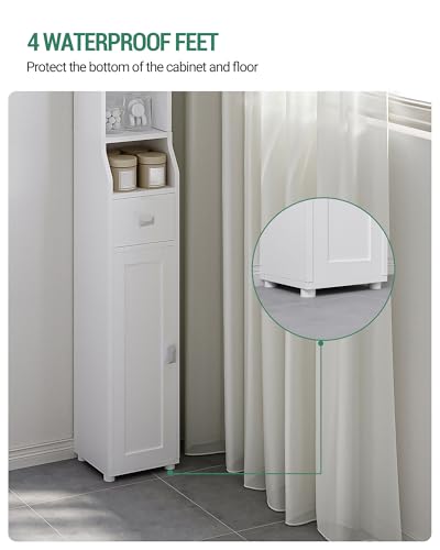 HEXCELEN Bathroom Storage Cabinet,Tall Narrow Bathroom Cabinet White | Narrow Tall, Freestanding Floor Cabinet, 2 Doors and 1 Drawer, Adjustable Shelf, 1 Hook
