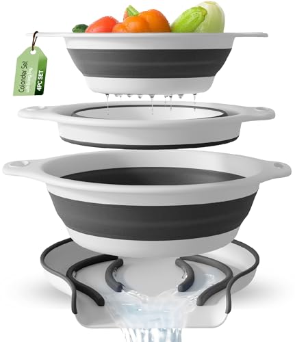 Collapsible Colanders (3 Pack Set) Food Strainers... (White | Polypropylene)