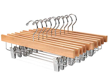 Nature Smile Wooden Pants Skirt Hangers with Clips, Natural, Pack of 10 | Lotus Wood Bottom Jeans Skirt Hanger with Anti Rust Hook