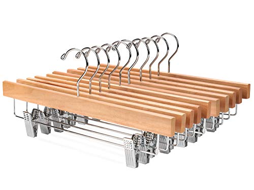 Nature Smile Wooden Pants Skirt Hangers with Clips, Natural, Pack of 10 | Lotus Wood Bottom Jeans Skirt Hanger with Anti Rust Hook