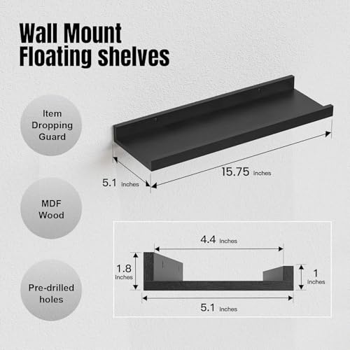 RICHER HOUSE 5-Set Floating Shelves with Lip, Black Wall Mounted Wood Shelf | Display Picture Ledge Shelf, Anti-drop lip Shelf for Room Wall Decor, Bedroom Bathroom Storage Nursery Books, Easy Setup 16in