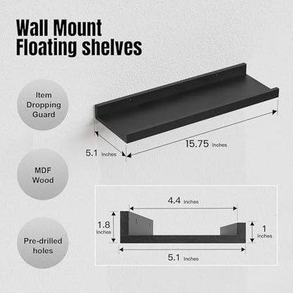 RICHER HOUSE 5-Set Floating Shelves with Lip, Black Wall Mounted Wood Shelf | Display Picture Ledge Shelf, Anti-drop lip Shelf for Room Wall Decor, Bedroom Bathroom Storage Nursery Books, Easy Setup 16in