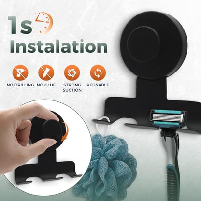 Shower Razor Holder 2 Pack,Heavy-Duty 7KG Suction Cup Razor Holder for Shower,Razor Hooks for Shower,Powerful Vacuum Suction Hooks for Razor,Towel,Loofah,Damage-Free Metal Shower Hooks(Matte Black)