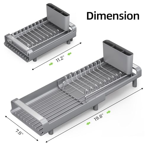 TOOLF Small Dish Drying Rack, Expandable and Space-Saving, Gray | Mini Dish racks for kitchen counter, Compact Design Fits Sink or Counter, Stainless Steel Plate Rack, 11"-19.3"L×7.7"W×3.54"H