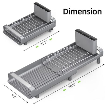 TOOLF Small Dish Drying Rack, Expandable and Space-Saving, Gray | Mini Dish racks for kitchen counter, Compact Design Fits Sink or Counter, Stainless Steel Plate Rack, 11"-19.3"L×7.7"W×3.54"H
