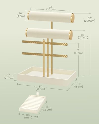 SONGMICS Bracelet Holder Stand, Jewelry Display Stand, Jewelry Organizer, with 2 Tiers and Velvet Tray, Earring Organizer, Removable Ring Holder, Cream White and Pale Gold UJJS046W101