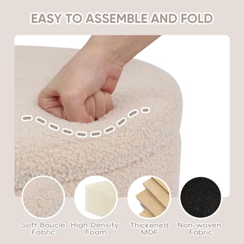 Round Storage Ottoman Foot Rest Stool with Tray Velvet Sherpa Folding Storage Ottoman,Boucle Foot Rest for Living Room, Bedroom, Dorm,Beige Color