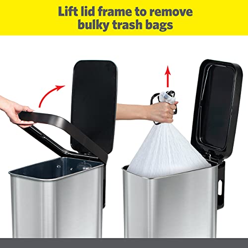 Glad Slim Trash Can with Clorox Odor Protection - Narrow Kitchen Garbage Bin with Soft Close Lid, Step On Foot Pedal and Waste Bag Roll Holder, Stainless Steel, 12 Gallon/45 Liter