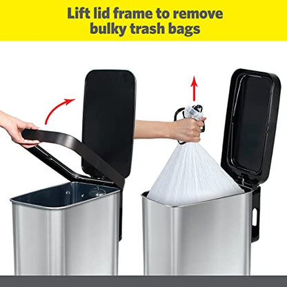 Glad Slim Trash Can with Clorox Odor Protection - Narrow Kitchen Garbage Bin with Soft Close Lid, Step On Foot Pedal and Waste Bag Roll Holder, Stainless Steel, 12 Gallon/45 Liter