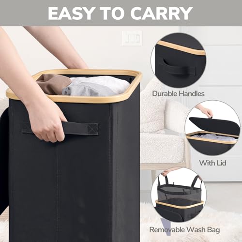 Goodpick 100L Large Rolling Laundry Basket with Wheels and Lid, Black | 17.3" × 13" × 29.5" Collapsible Laundry Hamper for Clothes & Blankets Storage, Removable Wash Bag, Bathroom Organization