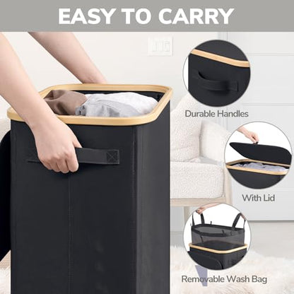 Goodpick 100L Large Rolling Laundry Basket with Wheels and Lid, Black | 17.3" × 13" × 29.5" Collapsible Laundry Hamper for Clothes & Blankets Storage, Removable Wash Bag, Bathroom Organization