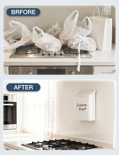 Metal White Magnetic Grocery Bags Holder, Farmhouse Wall Mount Plastic Bag Holder with 50pcs Shopping Bags, Trash Bag Dispenser for Kitchen, Garage, Laundry Room