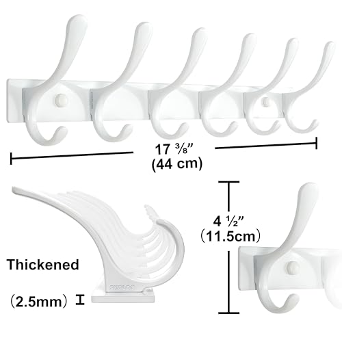 SKOLOO Heavy Duty Wall Mounted Coat Rack - 6 Hooks, Stainless Steel, Sturdy Coat Hooks for Hanging Clothes, Jacket, Hat, White