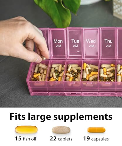 Extra Large Pill Organizer - XXL Vitamin Holder for Weekly Supplements - Double Sided Pill Box 7 Day with Big AM PM Compartments Huge Daily Medicine Dispenser 2 Times a Day Reliable and Easy-to-Use