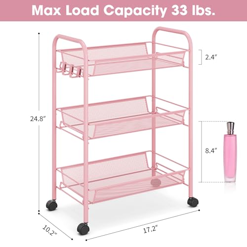 TOOLF 3 Tier Rolling Cart, Metal Utility Storage Cart with Wheels, Pink | 3 Hooks, Screwless Assembly, Trolley Organizer for Bathroom, Kitchen, Office, Nursery, Dorm, Laundry Room