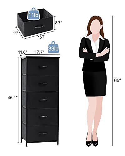 Tall Dresser Vertical Fabric Storage Tower Organizer, 5 Drawers(Black) | Sturdy Steel Frame, Wood Top and Easy Pull Handle, Space-saving Organizer for Clothes, Bedroom, Hallway, Entryway, Closets
