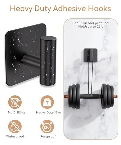 Aikzik 4 Pack Large Heavy Duty Wall Hooks - 26lb Max, Stainless Steel Adhesive Towel Hook, Shower Hooks for Hanging Towel, Coat, Robe, Wall Hook for Use in Bathroom, Kitchen and Door, Matte Black