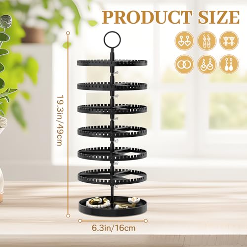MODOWEY Rotating Earring Holder Organizer Tree Display Stand, 6 Tiers Black | 342 Slots Adjustable Plastic Hanger with Metal Tray for Stud Pierced Hoop, Large Capacity Storage Rack for Women Space-Saving