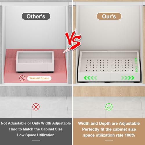 Pull out Cabinet Organizer,14"-21"W, 17"-24"D,Expandable,Adhesive | No Drill,3 Rails,Adjustable Slide out Drawers for Kitchen,Pantry,Roll out Shelves,for Cabinets Without Lip,Bathroom,White,1PC