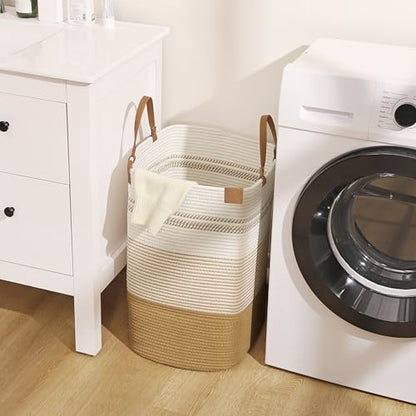 Large Laundry Hamper – 75L Tall Woven Cotton Storage Basket with Leather Handles, Slim Dirty Clothes Hamper, Decorative Storage Basket for Blanket,Toys White & Jute