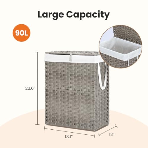 DUMOS Woven Laundry Basket with Lid, 90L Large Capacity Hamper, Removable & Machine-Washable Liner, Foldable Rattan Clothes Hamper, Sturdy Steel Frame, Odor Control, Dove Gray