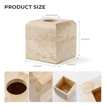 Tissue Box Cover Italy Natural Travertine Stone Heavy Duty Square Facial Toilet Paper Holder for Bathroom Living Room Bedroom Dresser Kitchen Minimalistic Office Home Decor Beige (TBC145WT)
