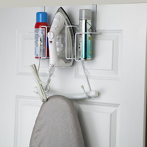 Sunbeam Laundry Room Metal Over the Door Hanging Ironing Board Holder and Organizer, Holds Standard Size Iron, Board, Spray Bottles, Starch, Fabric softener, White finish