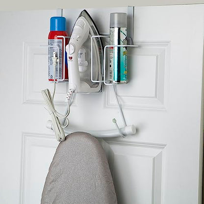Sunbeam Laundry Room Metal Over the Door Hanging Ironing Board Holder and Organizer, Holds Standard Size Iron, Board, Spray Bottles, Starch, Fabric softener, White finish