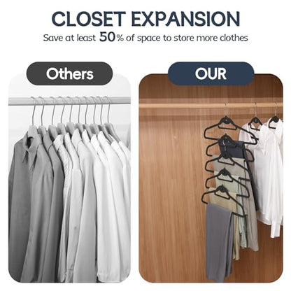 Velvet Stackable Hangers 50 Pack Space Saving Cascading Hook Black | Ultra Thin, Non Slip Felt, Heavy Duty With 360° Swivel Hook, Shoulder Notches, for Suit Shirt Pant Dress Coat