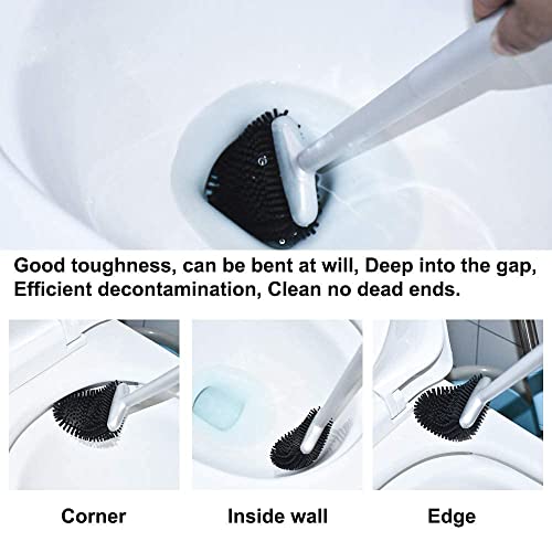 Silicone Toilet Brush, Ventilation Slots Base Holder 2 Pack Silver | Flexible Bristles Flat Head for Rim, Hair Tangle-Free, Easy to Clean, Compact Design, Rustproof Handle, for Toilet/Sink/Tub
