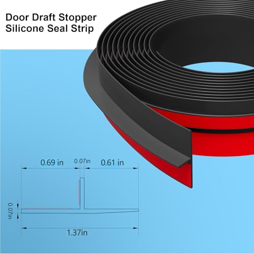 T-Shaped Weather Stripping Seal, Black Silicone, 1.37 in x 20 ft | Flexible door seal strip covers door, window, and bathroom gaps; peel-and-stick design helps reduce drafts
