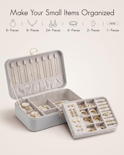 VLANDO 2 Layer Jewelry Box,Jewelry Organizer Storage Lockable Earring Organizer Removable Jewelry Tray with Watch Pillow for Neckable Ring Bracelets-Grey