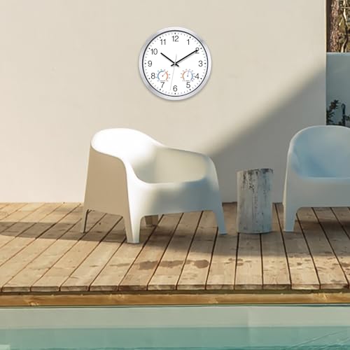 Caysie 12 Inch Indoor Outdoor Clocks Waterproof with Thermometer and Hygrometer Combo, Silent Battery Operated Quartz Metal Wall Clock for Patio Pool Bathroom Home (White)