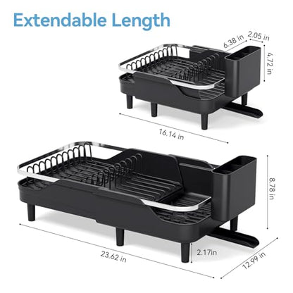 Urackify Expandable Dish Drying Rack for Kitchen Counter,16.2-23.7in,Black | Adjustable Capacity, Countertop-Stay-Dry Drainboard, Heavy-Duty Steel, Stable Plate Rack, Spave Saving for Apartment,RV,Dorms