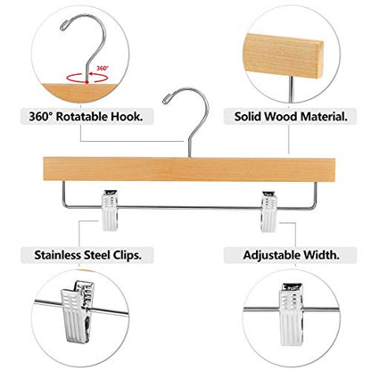 20pcs Wooden Pants Hangers Solid Pants Hanger with Adjustable Clips 14 Inch Natural Wood Skirt Hangers Trousers Bottom Hanger with Non-Slip Clips and 360° Swivel Hook