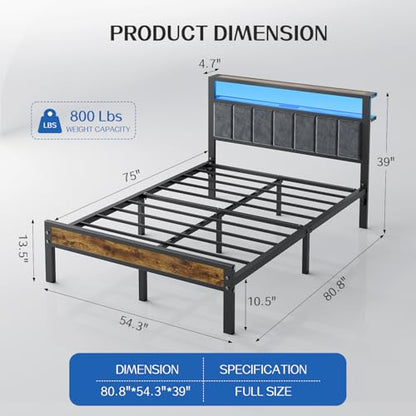 Liians Full Size Bed Frame with LED Lights, Charging Station