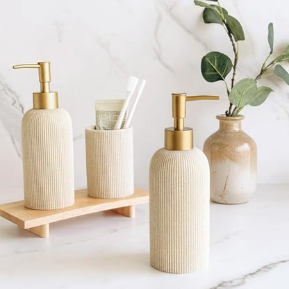 Sand Beige Hand Soap Dispenser with Matte Gold Pump, 7 oz | Luxury Farmhouse Boho Zen Style, Sandstone Finish, Lotion & Dish Soap Dispenser for Bathroom and Kitchen