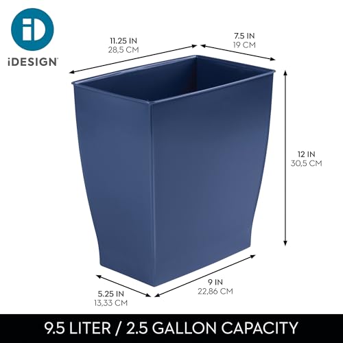 iDesign Small Plastic Bathroom Trash Can, Navy Blue | Slim Rectangle, For Bedroom, Office, Dorm