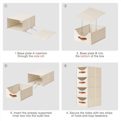 Stackable Storage Drawers - Collapsible Storage Bins with Drawers, 4 Pack Closet Shelf Organizer Basket, Fabric Pull Out Organizer for Bedroom, Living Room, Dorm, Beige
