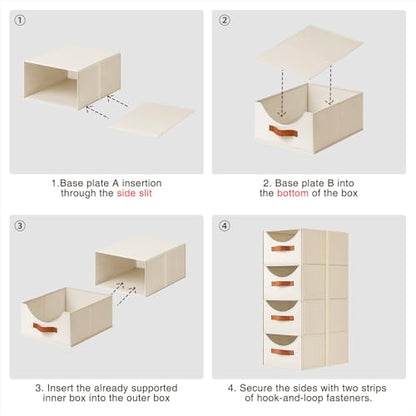 Stackable Storage Drawers - Collapsible Storage Bins with Drawers, 4 Pack Closet Shelf Organizer Basket, Fabric Pull Out Organizer for Bedroom, Living Room, Dorm, Beige
