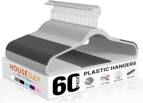 Non Slip Plastic Clothes Hangers 60 Pack with Rubb... (60 Count | Gray)