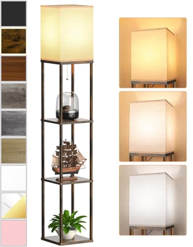 Floor Lamp with Shelves for Living Room Brown, Shelf Floor Lamp with 3 CCT LED Bulb, Corner Display Standing Column Lamp Etagere Organizer Tower Nightstand with White Linen Shade for Bedroom